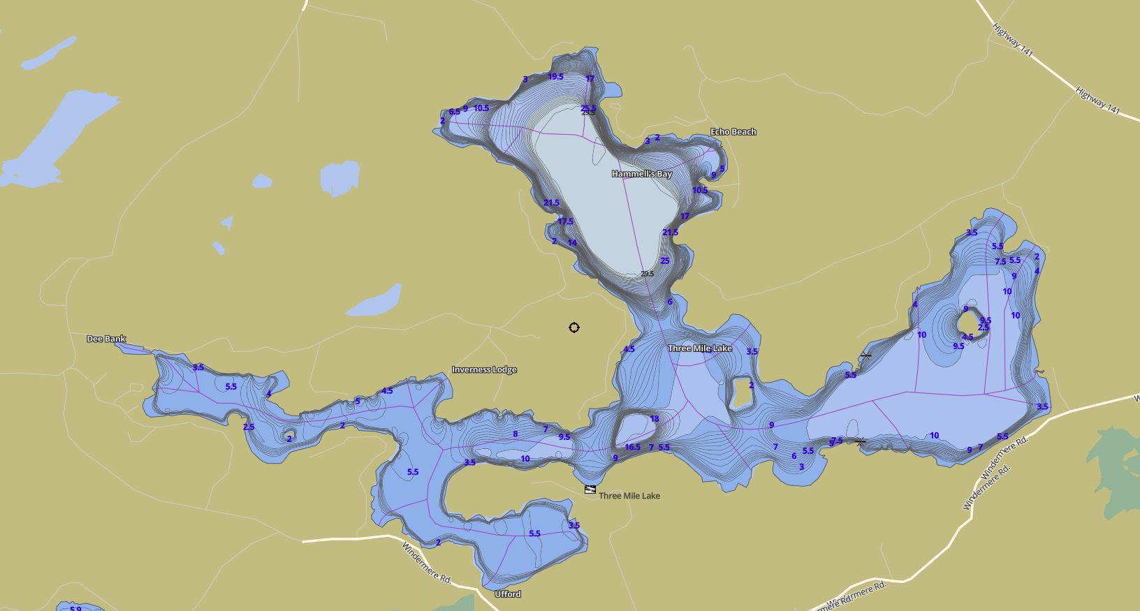 Contour Map of Three Mile Lake in Municipality of Muskoka Lakes and the District of Muskoka